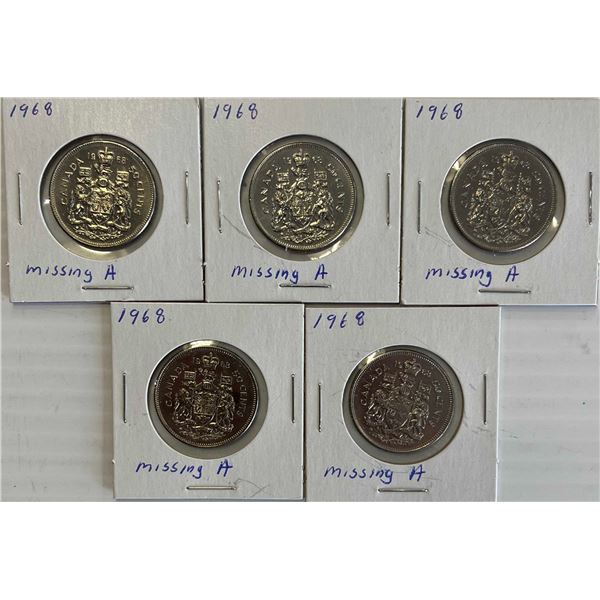 1968 50¢ "Missing A" variety Uncirculated or better. A popular and sought after variety.  Lot of 5 p