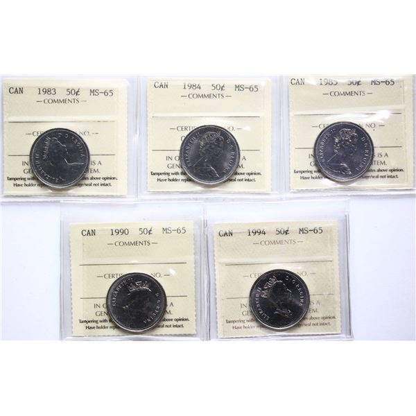 1983 50¢, 1984, 1985, 1990, 1994, All 5 coins ICCS Gem Mint State-65