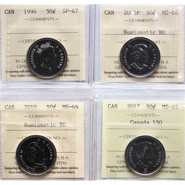 1996 50¢, 2005-P, 2010, 2017 "Canada 150", All 4 coins ICCS Gem Mint State-65 to Superb Gem Mint Sta