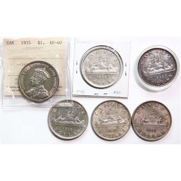 1935 $1 (2), 1936 (3), 1938, All Fine to EF.  Lot of 6 coins.