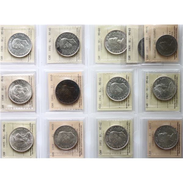 1935 $1 to 1967 Silver Dollars & 1974 $1 Nickel Dbl Yk.  Lot of 13 coins including 1938 all graded I