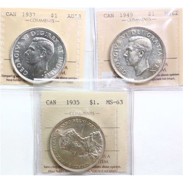 1935 $1, 1937, 1949, all 3 coins ICCS Choice About Uncirculated-58 to Choice Mint State-63.