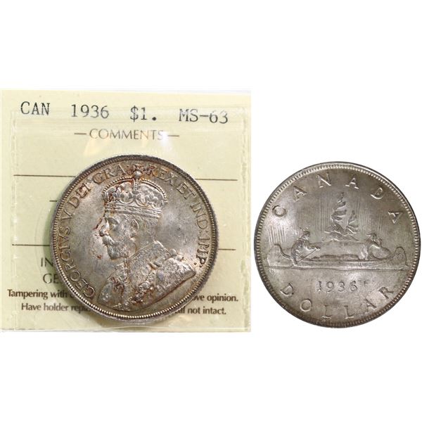 1936 $1 ICCS Choice Mint State-63, Lightly toned.