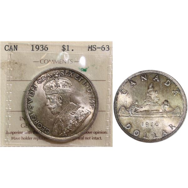 1936 $1 ICCS Choice Mint State-63, Lightly toned.