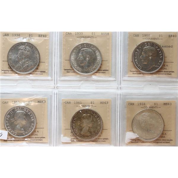 1936 $1, 1939, 1950 Arnp. - cld, 1957, 1961, 1966, All 6 coins ICCS Extra Fine-40 to Choice Mint Sta