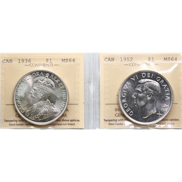 1936 $1, 1952 "WL", Both coins ICCS Very Choice Mint State-64.  A nice pair!