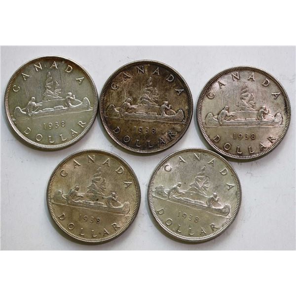 1938 $1 AU or better, lot of 5 coins.