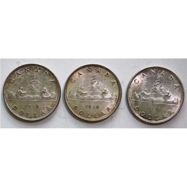 1938 $1 UNC or better, lot of 3 coins.