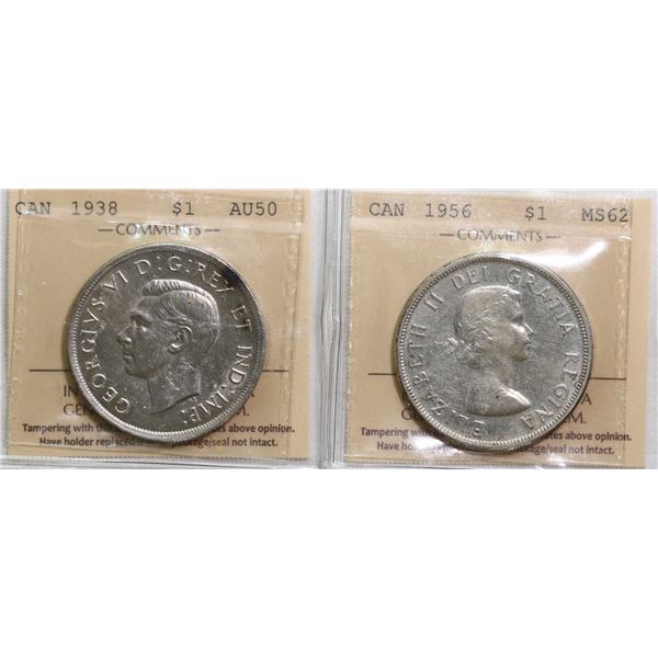 1938 $1, 1956 , Both ICCS About Uncirculated-50 and Choice Mint State-62 respectively.