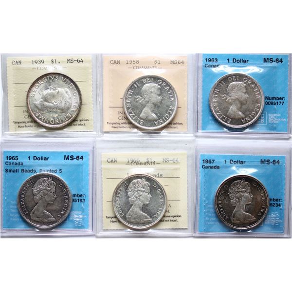 1939 $1, 1958, 1963, 1965 "SB P5", 1966 "LB", 1967,  All 6 coins ICCS/CCCS Very Choice Mint State-64
