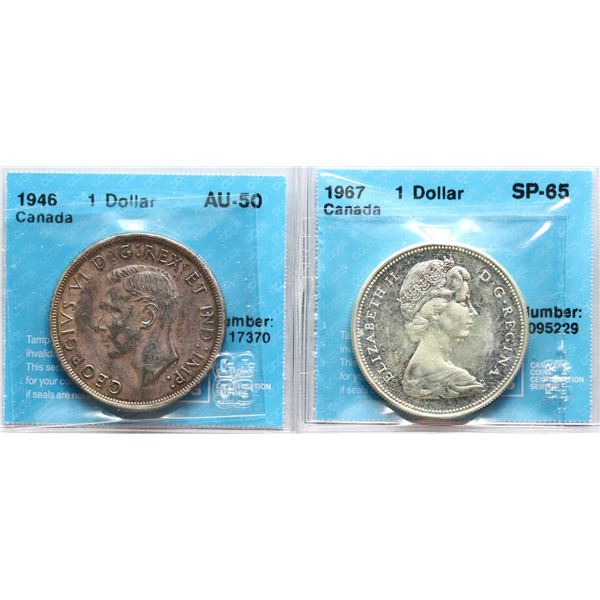 1946 $1 About Uncirculated-50 & 1967 $1 Gem SPECIMEN-65, Both coins CCCS graded.