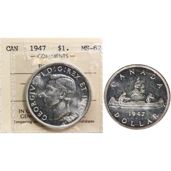 1947 $1 "Blunt 7"  ICCS Choice Mint State-62 Brilliant and lustrous  "Two Letter certificate"