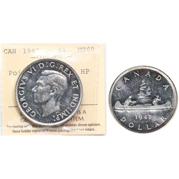 1947 $1 "Pointed 7 - 4X HP" ICCS Mint State-60 Lustrous example.