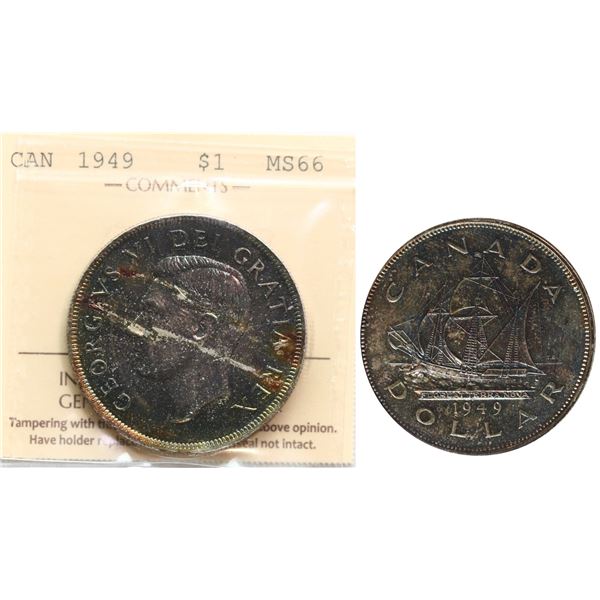 1949 $1 ICCS Superb Gem Mint State-66 Superb and intense rainbow tones on both sides.
