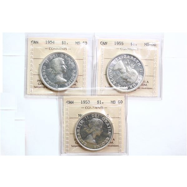 1953 $1 "NSF", 1954, 1955, All 3 coins ICCS Mint State-60  Brilliant and lustrous with "Two Letter c