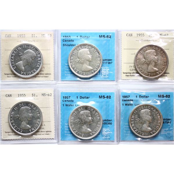 1953-1957 $1, All 6 coins ICCS/CCCS Choice Mint State-62