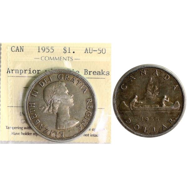 1955 $1 "Arnprior - w/ DB" ICCS About Uncirculated-50, Lightly toned.
