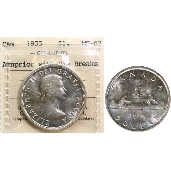 1955 $1 "Arnprior - w/DB"  ICCS Choice Mint State-63  Brilliant and lustrous  "Two Letter certificat