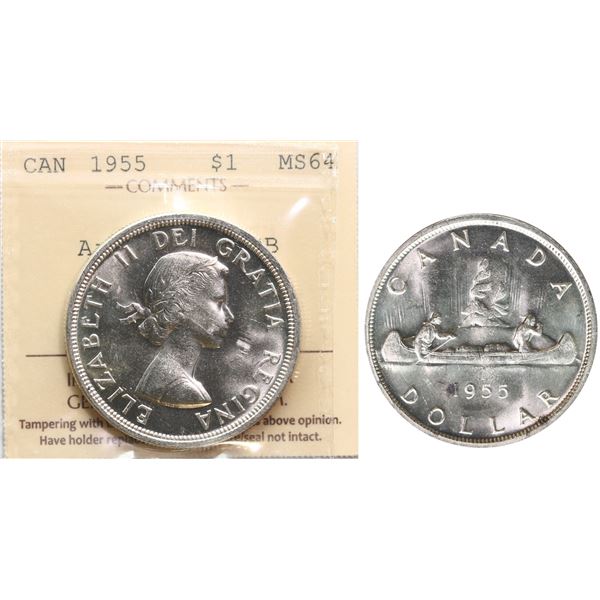 1955 $1 "Arnprior w/ DB" ICCS Very Choice Mint State-64, Fully brilliant and lustrous.