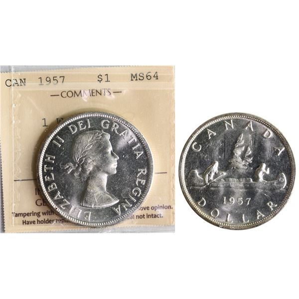 1957 $1 "1 WL" ICCS Very Choice Mint State-64, Fully brilliant and lustrous.