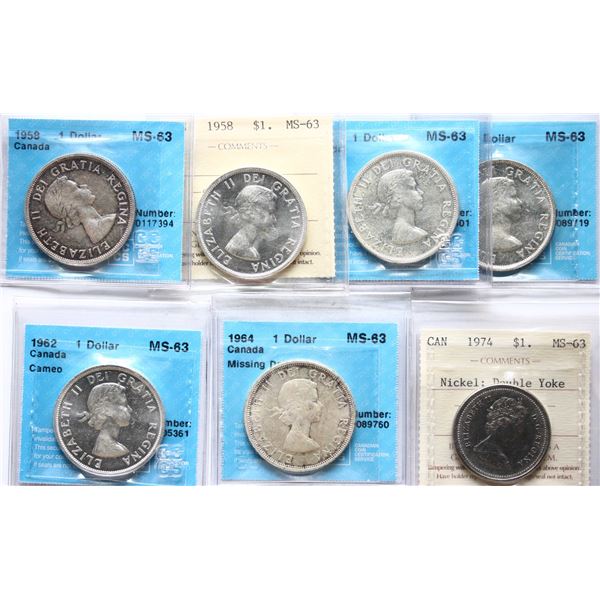 1958 $1 (2), 1959, 1960, 1962, 1964 "MISSING DOT", 1974 "Dbl Yoke",  All 7 coins ICCS/CCCS Choice Mi