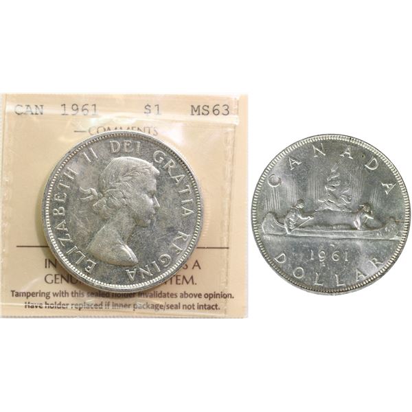 1961 $1 "Arrow Head" ICCS Choice Mint State-63, Brilliant and lustrous.  Popular variety.