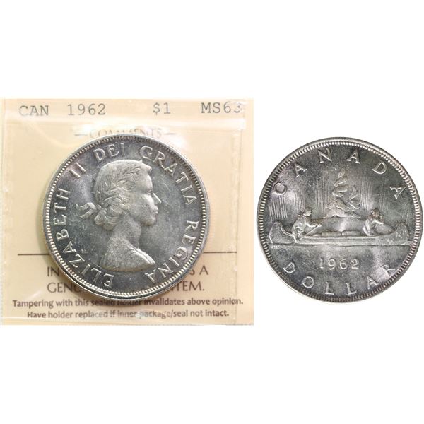1962 $1 "Arrow Head" ICCS Choice Mint State-63, Brilliant and lustrous.  Popular variety.