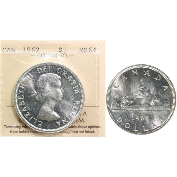 1962 $1 ICCS Very Choice Mint State-64 Cameo ICCS Very Choice Mint State-64, Fully brilliant and lus