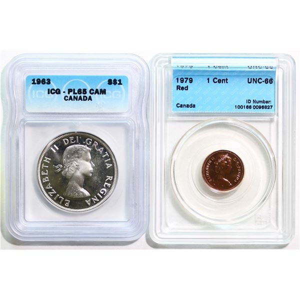 1963 $1 ICG Gem Proof-Like-65 Cameo & 1979 1¢ NBU.