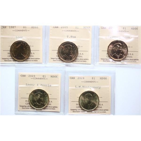 1987 $1, 2005 T.FOX, 2008 Olympic Loon, 2023 Loon, 4 pearls, 2024 L.M.Montgomery, All 5 coins ICCS S