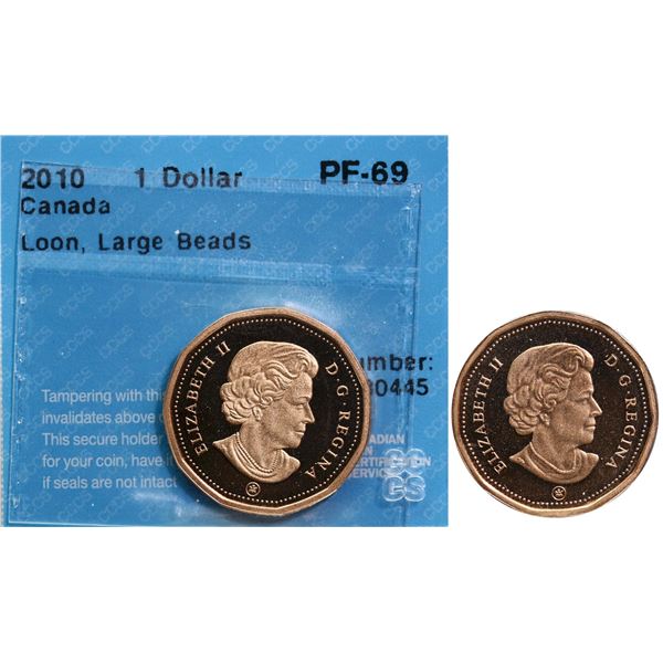 2010 $1 "Loony" - "Large beads" CCCS PROOF-69 Ultra Heavy Cameo.  The only example known and graded 