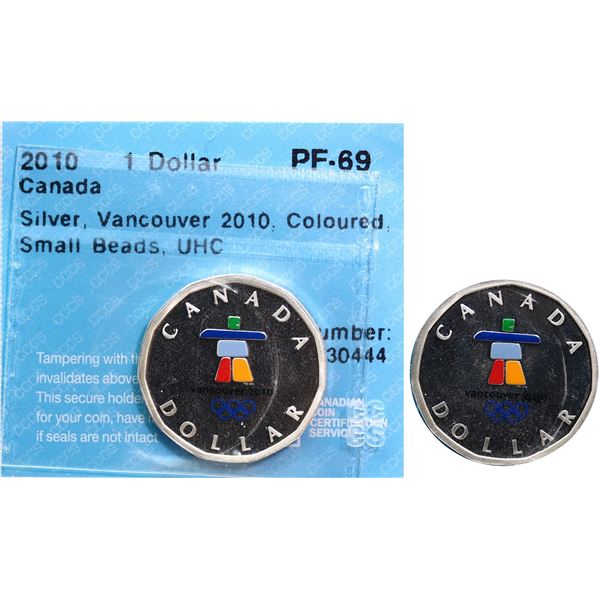 2010 $1 "SILVER VANCOUVER" Coloured  - "Small beads" CCCS PROOF-69 Ultra Heavy Cameo.  Scarcer type.