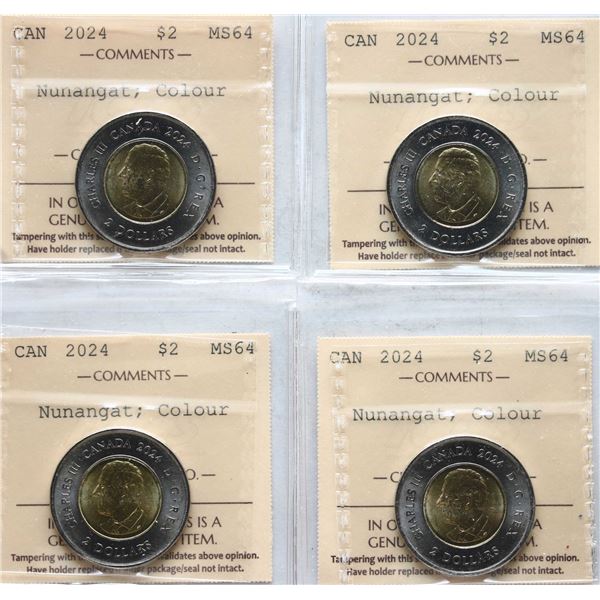2024 $2 "Nunangat; color ICCS Very Choice Mint State-64, Lot of 4 coins.