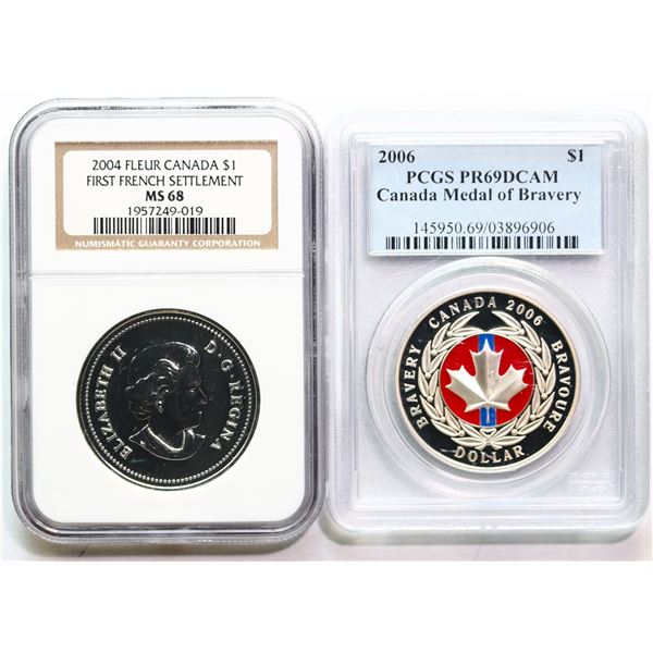 RCM; 2004 $1 "Commem. Silver Dollar" & 2006 $1 "Medal of Bravery" Both coins NGC Splendid Mint State