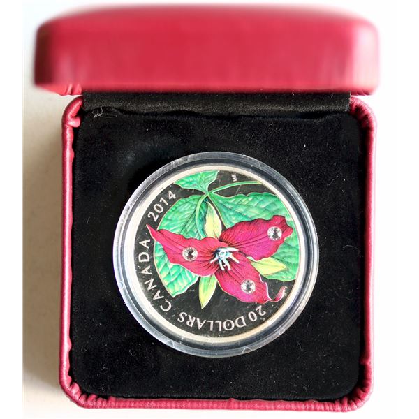 RCM; 2014 $20 "Red Trillium" with crystal dew Drops.  Fine silver coin. Tax exempt.