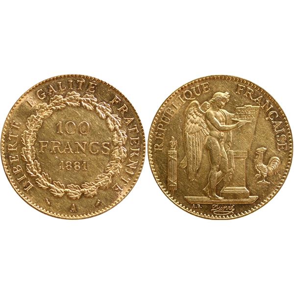 France; 1881A 100 Francs Gold 32,30 grams, 0.900 A nice AU with lustre.