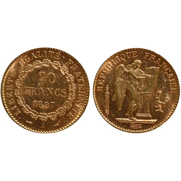 France; 1897A 20 francs Gold Choice AU or better.