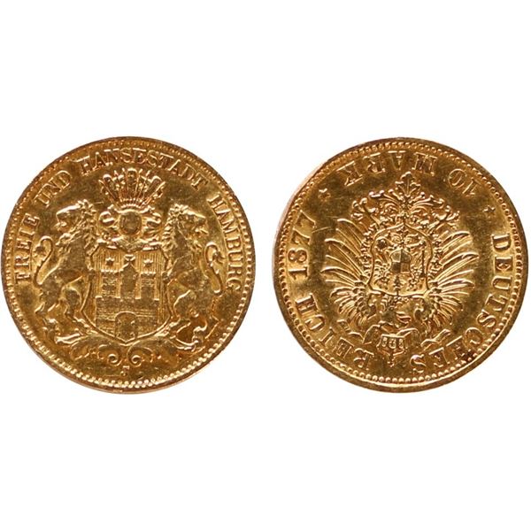 Germany; 1877-J Gold  10 Mark VF-EF