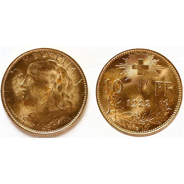 Switzerland; 1922 Gold 10 Francs Choice Uncirculated.