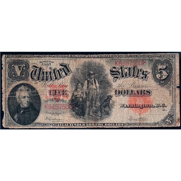 USA; 1907 $5 "WOODCHOPPER" #K8457500 About VG.