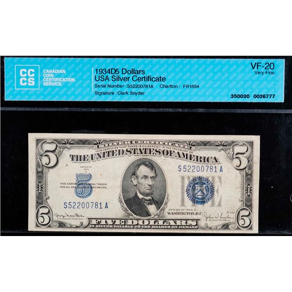 USA; 1934 $5 FR;1654 #S52200781A - Clark Snyder CCCS VF20