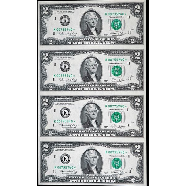 USA; 1976 $2 Uncut shhet of 4 notes, AU-UNC