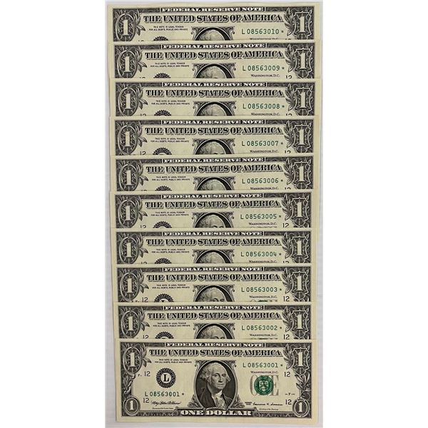 USA; Consecutive run - 1999 $1 "Replacement notes" Lot of 10 consecutive replacement notes.  Unc or 