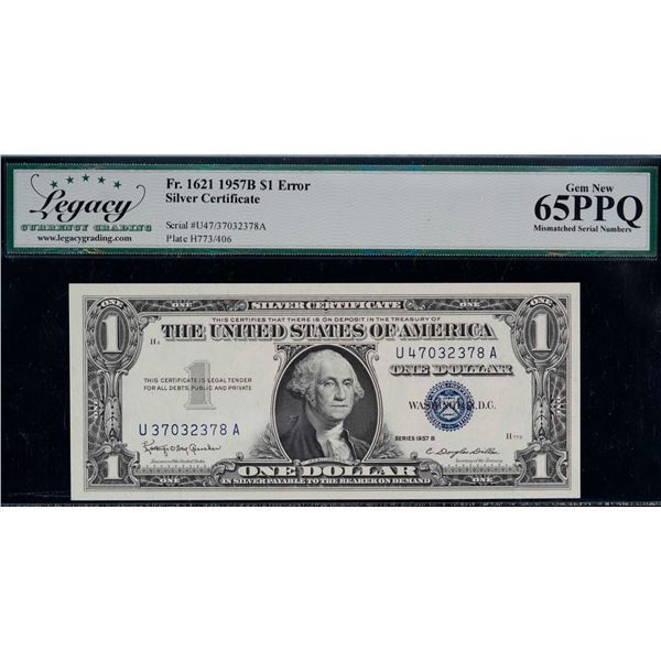 SILVER CERTIFICATE 1957-B $1  'MISMATCH NUMBER' #U37032378A-U47032378A LCG UNC65PPQ
