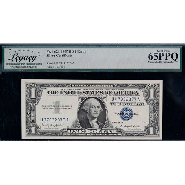 SILVER CERTIFICATE 1957-B $1  'MISMATCH NUMBER' #U37032377A-U47032377A LCG UNC65PPQ