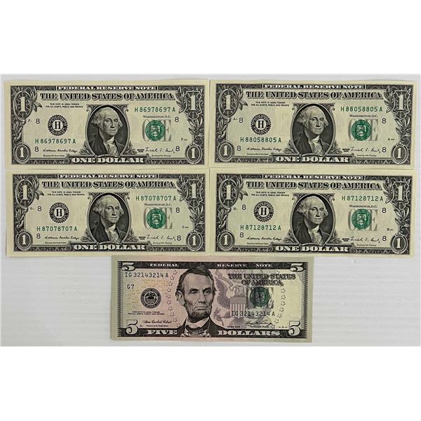 USA; "Repeaters" 1988 $1 (4), 2006 $5, All 4 notes Unc or better.