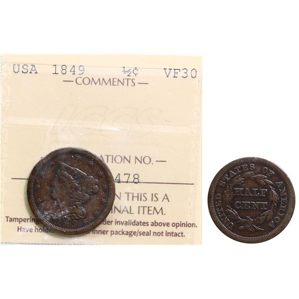 USA; 1849 1/2¢  ICCS VF30