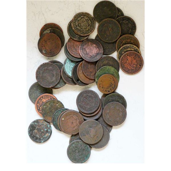 USA; 1819-1856 1¢ (46) and 1864-68 2¢ (2), lot of 48 coins.  Cull to Good.