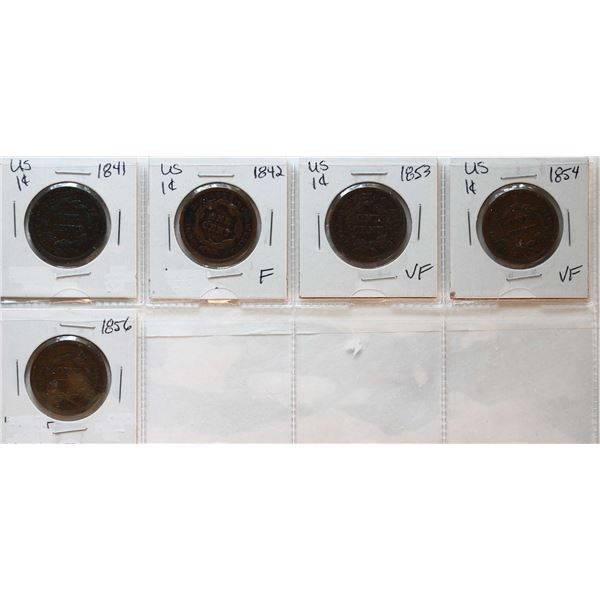 USA; 1841 1¢ , 1842, 1853, 1854, 1856, Lot of 5 coins Fine to Very Fine.