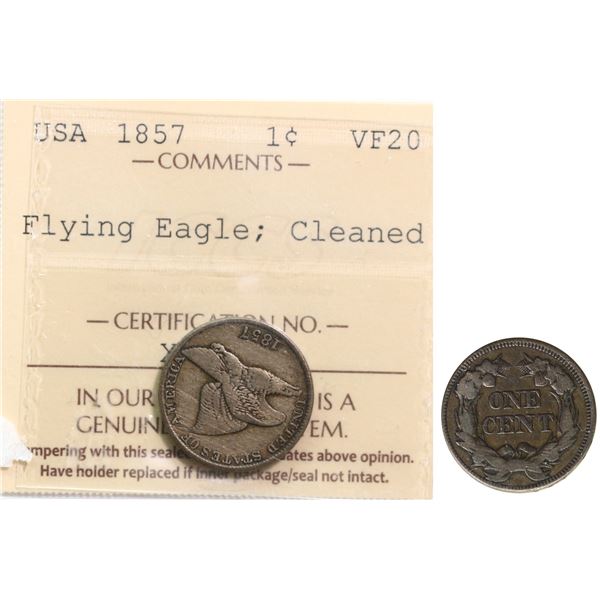 USA; 1857 1¢  "Flying Eagle" ICCS VF20, lightly cleaned.
